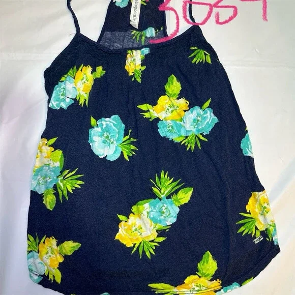 Tank Top Aeropostale Women's XS Navy Floral Ruffle Neck Sleeveless Yellow Green - Picture 1 of 16